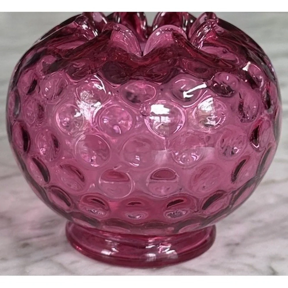 Vintage Fenton Cranberry Rose Bowl‎ Vase Inverted Reverse Coin Dot Art Glass